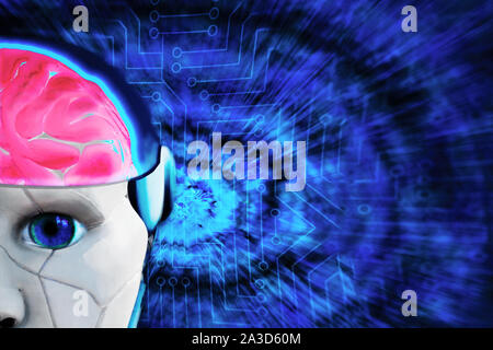 Cyborg artificial intelligence concept illustration. Closeup of robot head with human like brain and eye on abstract futuristic background. Machine le Stock Photo