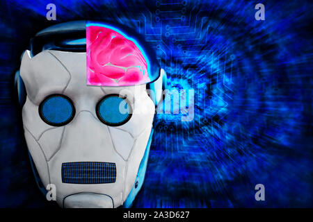 Cyborg artificial intelligence concept illustration. Closeup of robot head with cutoff of human like brain on abstract futuristic background. Machine Stock Photo