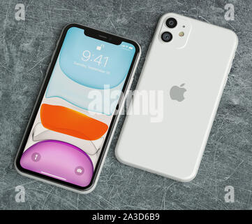 ITALY -22 SEPTEMBER, 2019: Iphone 11 smartphones on table. Iphone 11 in close up. Latest Apple Mobile iphones model. Illustrative editorial. Stock Photo