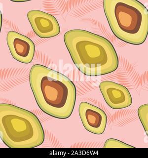 Seamless pattern with avocado slices and leaves of monstera on light background Stock Vector