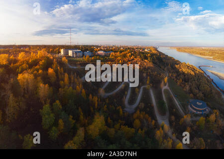 Aerial top vew of winding road in the city Stock Photo