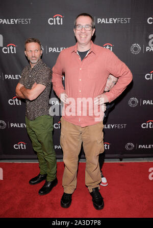 New York, NY - October 5, 2019: Breckin Meyer, Matthew Senreich and Seth Green attend screening and discussion of Robot Chicken during PaleyFest 2019 at The Paley Center for Media Stock Photo