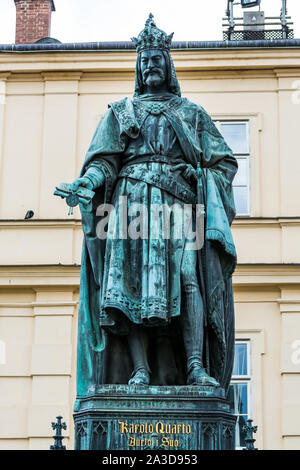 Statue of Emperor Charles IV, the Holy Roman Emperor and King of Bohemia. in the east of the St. Charles Bridge, Prague, Central Bohemia, Czech Stock Photo