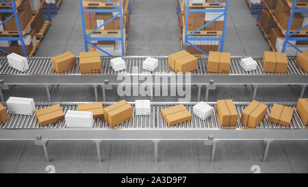 Packages delivery, parcels transportation system concept, cardboard boxes on conveyor belt in warehouse. Warehouse with cardboard boxes inside on Stock Photo