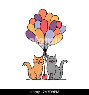 Cat couple a bunch of baloons. Colorful outline on white background. Picture can be used in greeting cards, posters, flyers, banners, logo, further design etc. Vector illustration. EPS10 Stock Vector