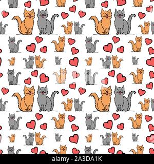 Cat couple in hearts, seamless pattern. Colorful outline on white background. Picture can be used in greeting cards, posters, flyers, banners, logo, further design etc. Vector illustration. EPS10 Stock Vector