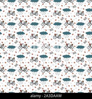 Autumn seamless pattern with cloud, drops, bicycle, leaves. Background can be printed on textile, wallpaper, wrapping paper, greeting cards. Colorful hand drawing sketch. Vector illustration. EPS10 Stock Vector