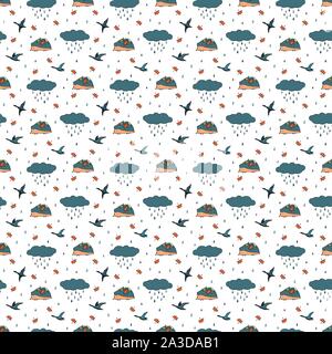 Autumn seamless pattern with rain, cloud, birds, hedgehog, leaves. Background can be printed on textile, wallpaper, wrapping paper, greeting cards. Colorful hand drawing sketch. Vector illustration Stock Vector