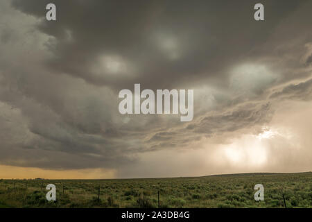 Dramatic looking supercell thunderstorm rumbles close to Black Mesa Nature Preserve at the border of Oklahoma and New Mexico, USA Stock Photo