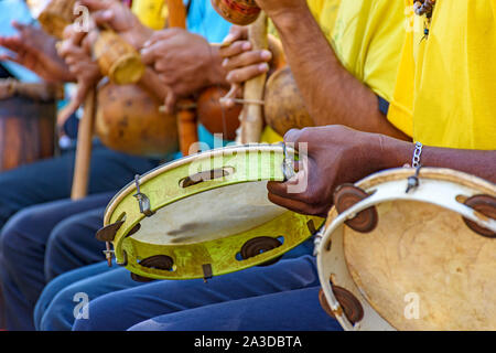 Brazilian musical instrument called berimbau, Tambourine and others usually used during capoeira brought from africa and modified by the slaves Stock Photo