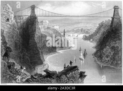 An engraving of the Suspension Bridge at Clifton near Bristol scanned at high resolution from a book printed in 1842.  Believed copyright free. Stock Photo