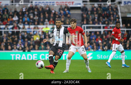 Newcastle, UK. 06th Oct, 2019. DeAndre Yedlin of Newcastle United & Daniel James of Man Utd during the Premier League match between Newcastle United and Manchester United at St. James's Park, Newcastle, England on 6 October 2019. Photo by J GILL/PRiME Media Images. Credit: PRiME Media Images/Alamy Live News Stock Photo