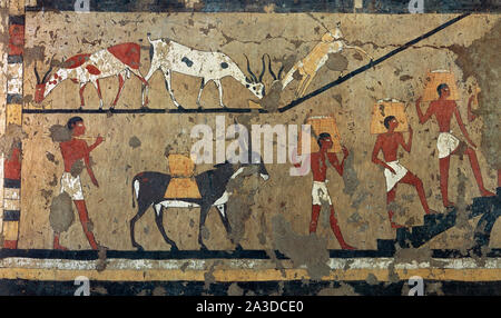 Fresco depicting an agricultural scene from an ancient Egyptian tomb ...