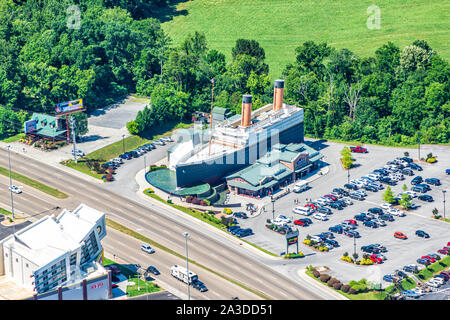 Pigeon Forge, Tennessee, United States, June 14, 2019: Horizontal aerial view of the Titanic Tourist Attraction in Pigeon Forge, Tennessee. Stock Photo