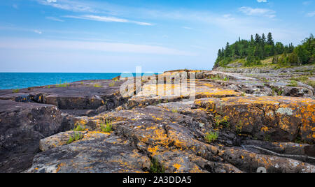 colorful Lichen grow on the stones on the Tee Harbour Trail hike in Sleeping Giant Provincial Park, Ontario, Canada Stock Photo