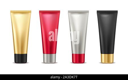 Blank mock up gold, red, silver and black tube for cosmetic product set isolated on white background, package container for cream, lotion, toothpaste Stock Vector