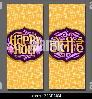 Vector vertical banners for Indian Holi Festival, greeting card for joyful holiday holi in India, hindu festival of colours, decorative font for words Stock Vector