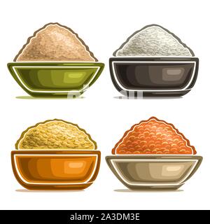 Vector set of different groats in bowls, heap of raw oat cereals, grains of organic chinese rice, yellow dried peas and healthy red lentils, set of va Stock Vector