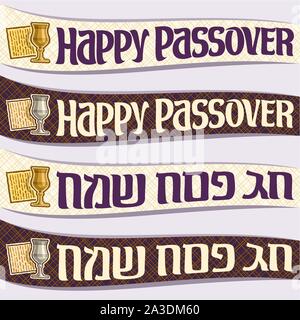 Vector set of ribbons for Passover holiday, curved banners with decorative handwritten font for text happy passover in hebrew, kosher flatbread matzah Stock Vector