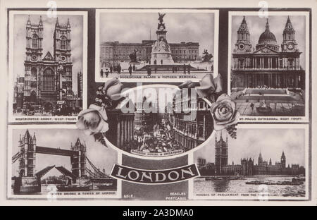 Vintage Early 20th Century Photographic Postcard Showing Landmarks of Central London, England. Westminster Abbey, Tower Bridge, St Pauls Cathedral, Houses of Parliament, Buckingham Palace and Mansion House.