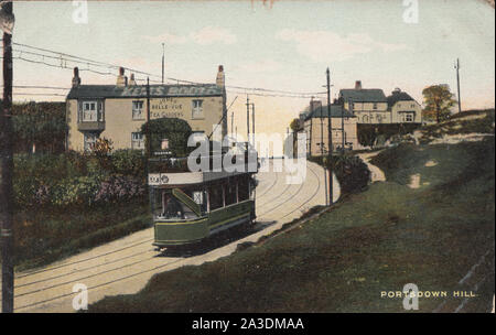 Vintage Edwardian 1906 Postcard of a Tram Travelling Down Portsdown Hill, Near Portsmouth, Hampshire, England. Bell Vue Tea Gardens In The Background. Stock Photo