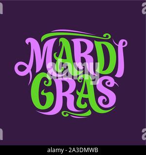 Vector poster for Mardi Gras Carnival, original decorative font for festive purple and green letters mardi gras on dark background, handwritten brush Stock Vector