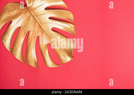 Gold monstera leaf on red background Stock Photo
