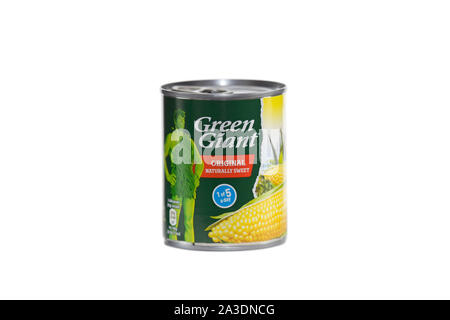 Green Giant sweetcorn on isolated white background Stock Photo
