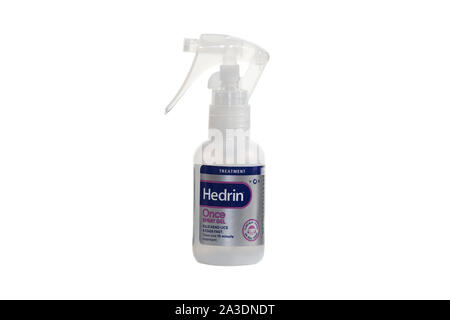 Spay bottle of Hedrin for head lice on isolated white background Stock Photo