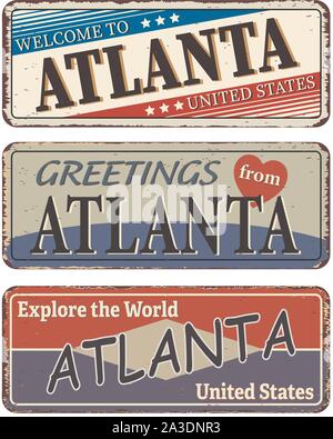 Vintage tin sign. Atlanta. Retro souvenirs or old postcard templates on rust background. Stock Vector