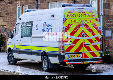 RAF Mountain Rescue vehicle 'Oscar' parked and covered in snow in Highlands of Scotland Stock Photo