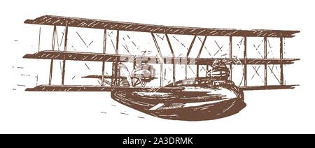 Flying historical biplane-floatplane. Illustration after a lithography from the early 20th century Stock Vector