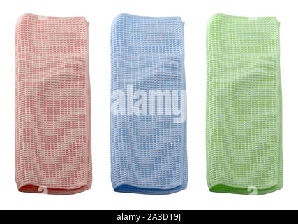 Set of microfiber dust cloths in different colors. Cloths are on a white background. Stock Photo