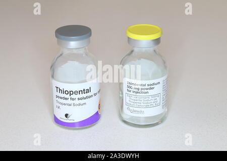 vials of Sodium thiopental (an intravenous anaesthetic agent ) Stock Photo