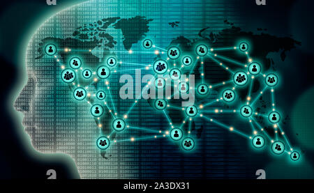 Worldwide communication network illustration. Social media, digital technology, globalization, data transfer, AI, international people connections con Stock Photo