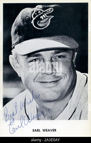 1960s era black and white autographed photo of Hall of Fame Baltimore Orioles manager Earl Weaver. Stock Photo