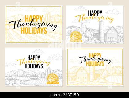 Happy thanksgiving greeting card templates set. Traditional autumn season holidays congratulation, festive postcards vector layouts. Rural landscape hand drawn monochrome illustrations with lettering Stock Vector