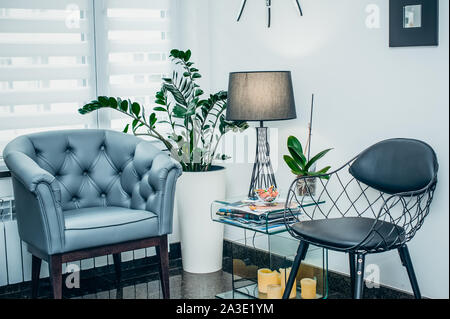 Stylish interior concept with white walls, gray and black modern chairs, lamp, coffee table and few potted green plants. Muted colors, geometrical sha Stock Photo