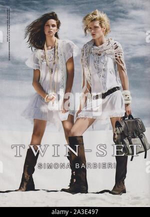 poster advertising Twin Set fashion house in paper magazine from 2011 year, advertisement, creative Twin-Set advert from 2010s Stock Photo