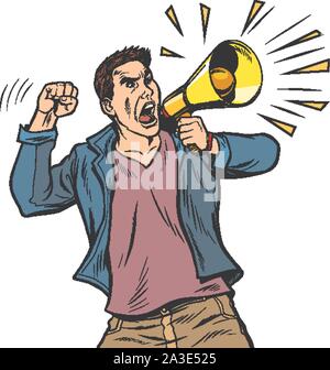 man protester with megaphone. isolate on white background. Democracy opposition freedom of speech. Pop art retro vector illustration drawing vintage k Stock Vector