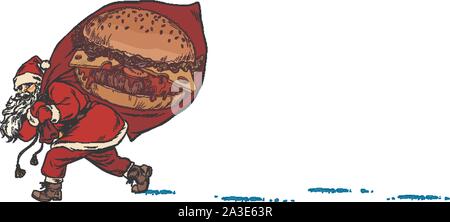 Santa with a Burger fast food. Christmas and New year. Pop art retro vector illustration kitsch vintage drawing Stock Vector