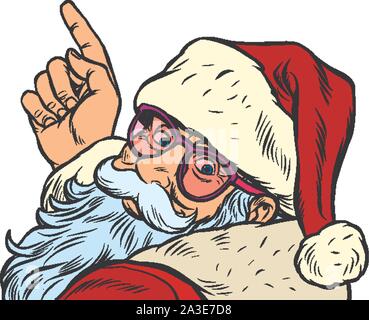 Santa Claus character is pointing merry Christmas and happy new year. Pop art retro vector illustration vintage kitsch drawing 50s 60s Stock Vector