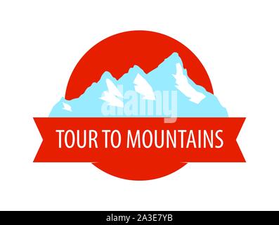 Tour to Mountains - Coat of arm, Round Blazon with snowy rocks. Banner Emblem for travel on Swiss Alpine Mountains isolated on white background. Vecto Stock Vector