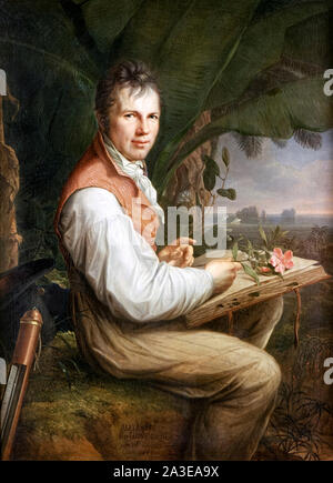 Alexander von Humboldt (1769-1859) Prussian polymath a prominent naturalist and explorer who travelled extensively throughout North and South America and was the first person to describe climate change due to human activities. Portrait by Friedrich Georg Weitsch (1758-1828) painted in  1806 showing Humboldt examining a plant specimen in Venezuela in 1799. Stock Photo