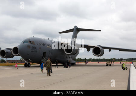 A massive Boeing C-17 Globemaster III cargo plane sits on static display at the Fort Wayne Airshow in Fort Wayne, Indiana, USA. Stock Photo