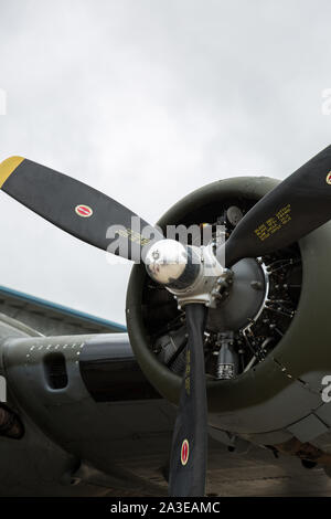 One of four Wright R-1820-39 Cyclone engines on an iconic Boeing B-17 Flying Fortress bomber sitting on static display at the Fort Wayne Airshow. Stock Photo