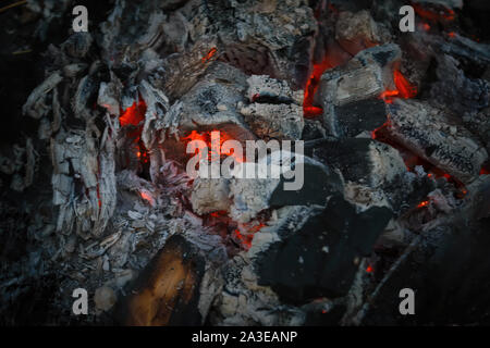 Close-up of burning charcoal. Burning coals texture of bonfire abstract background. Stock Photo