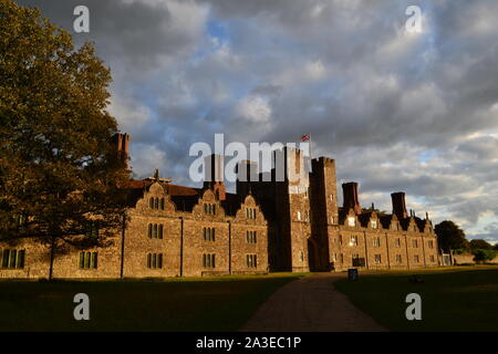 Classic view of Knole House facade in late afternoon light. Medieval/Tudor house is one of largest in England and surrounded by huge deer park. Stock Photo