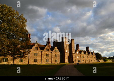 Classic view of Knole House facade in late afternoon light. Medieval/Tudor house is one of largest in England and surrounded by huge deer park. Stock Photo
