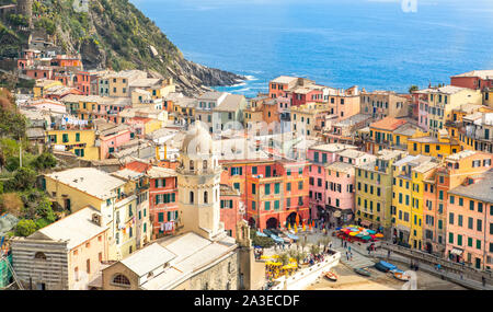 Italy, Cinque Terre, Vernazza-20 April, 2019: Scenic view of Vernazza shoreline Stock Photo